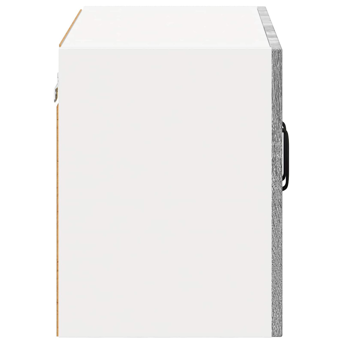 Side view of the grey wall cabinet with a white side panel