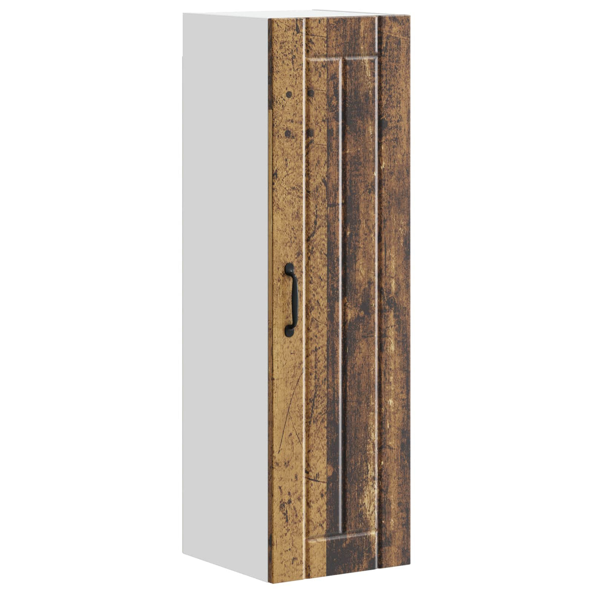 The kitchen cabinet with a rustic wood effect door and white side panel