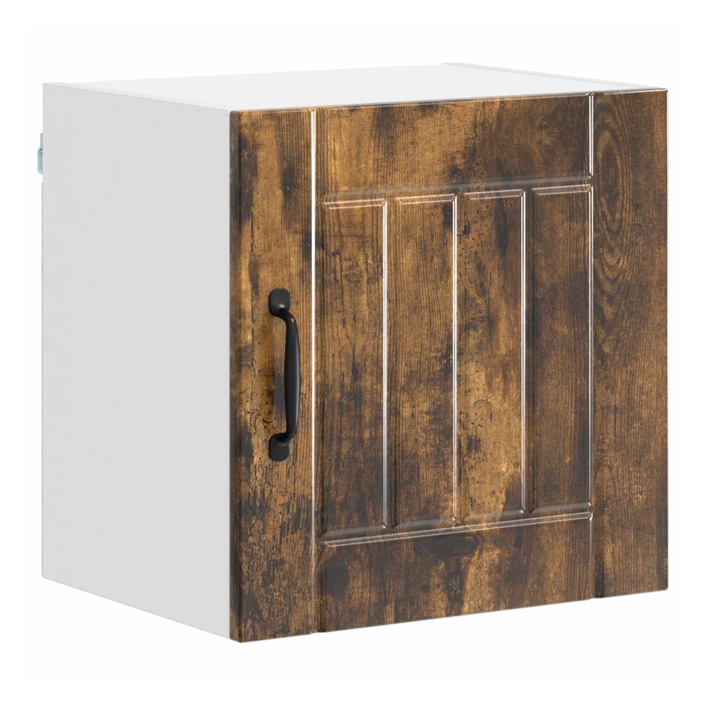 A single smoked oak effect kitchen cabinet with a dark handle