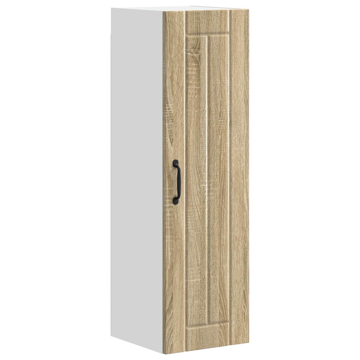 The kitchen cabinet with a wood effect door and black handle shown from a side angle