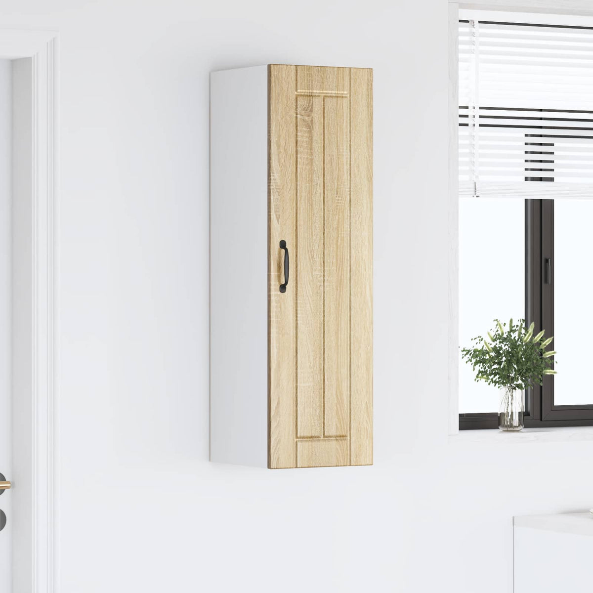 The kitchen cabinet mounted on a white wall next to a window in a bright room