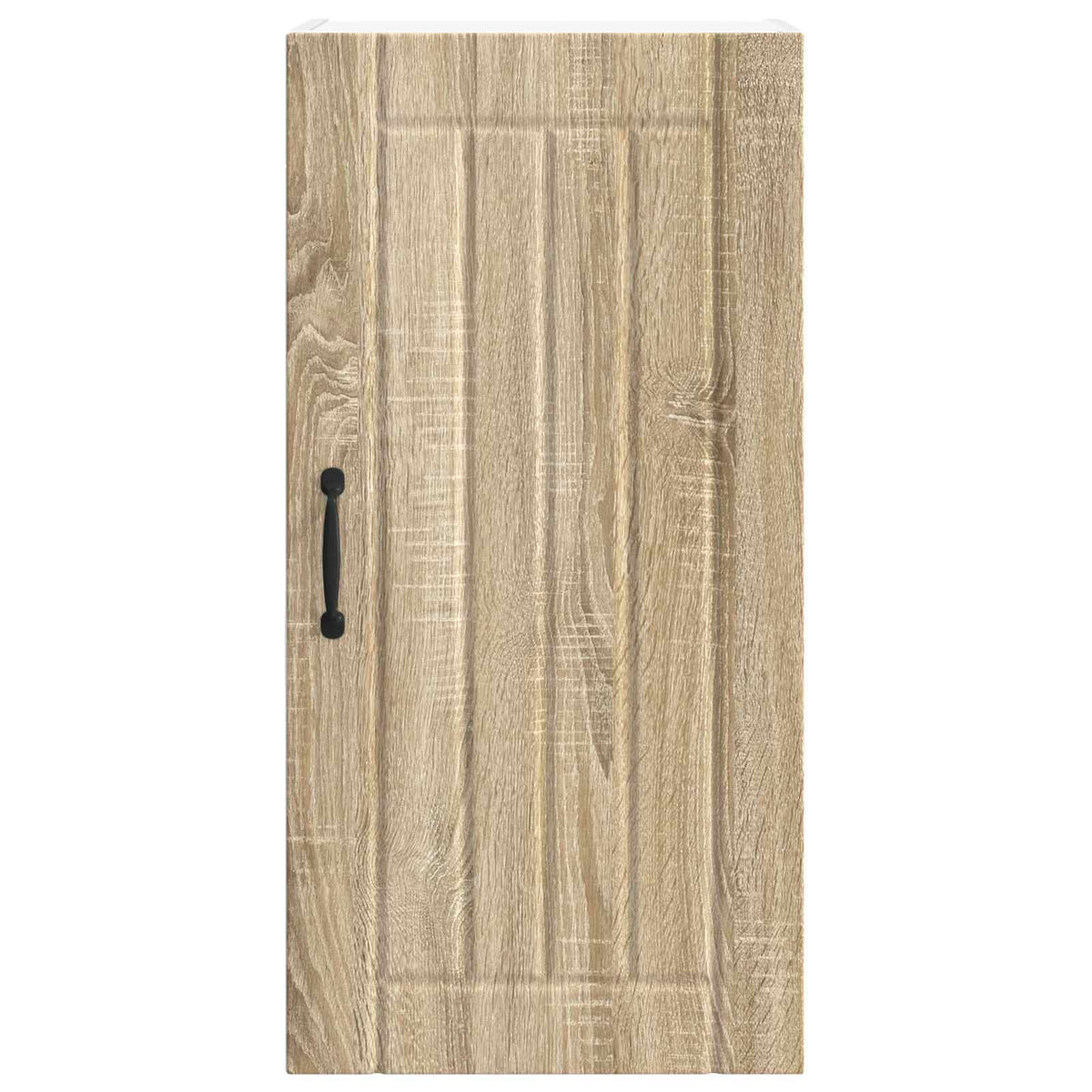 The kitchen cabinet door featuring vertical grooves and a black handle on a light wood finish