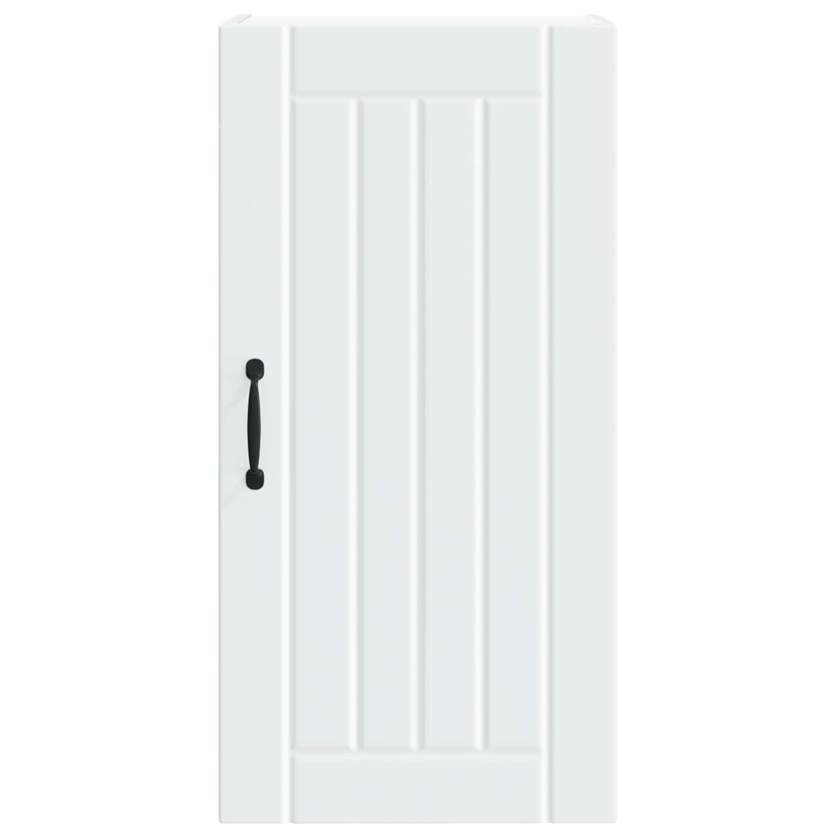 Close-up of the white cabinet door with vertical panel details and a black handle