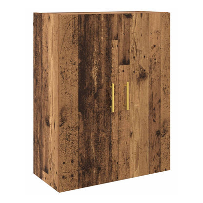 The wall cabinet with old wood effect doors and gold handles