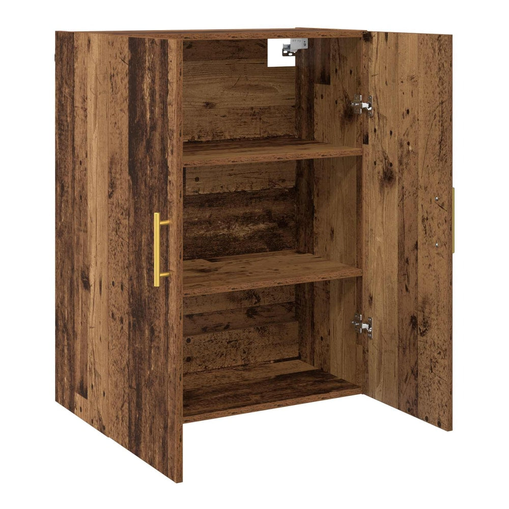 The open wall cabinet showing two shelves and gold handles