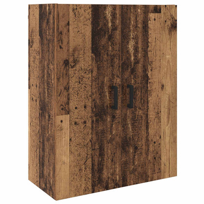 Close up of the rustic wood effect doors and black handles on the wall cabinet
