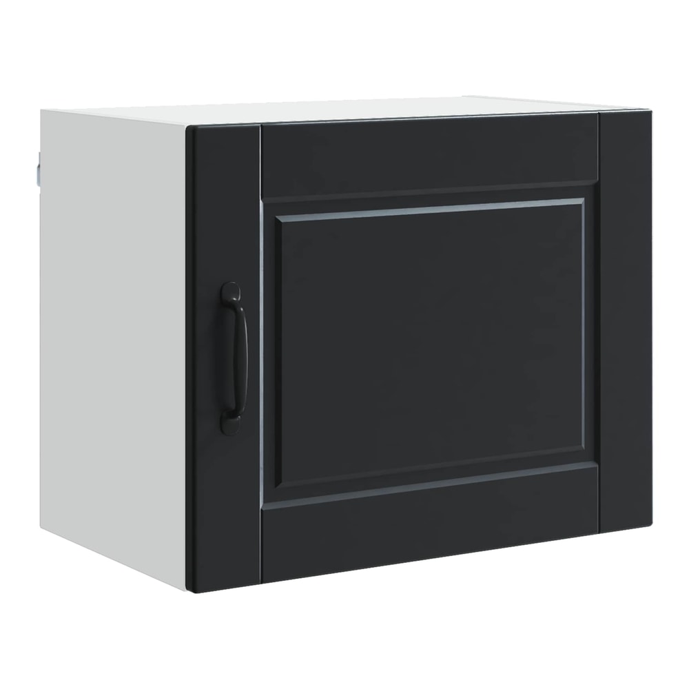 The black wall cabinet with a single door and handle