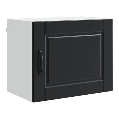 The black wall cabinet with a single door and handle