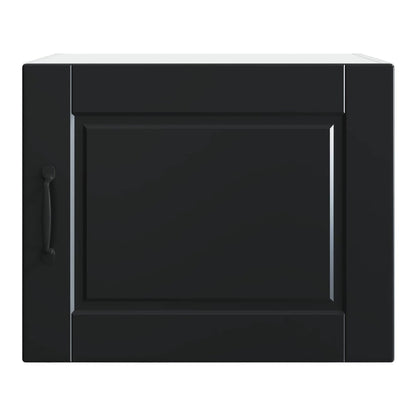 Close up of the black wall cabinet door with handle