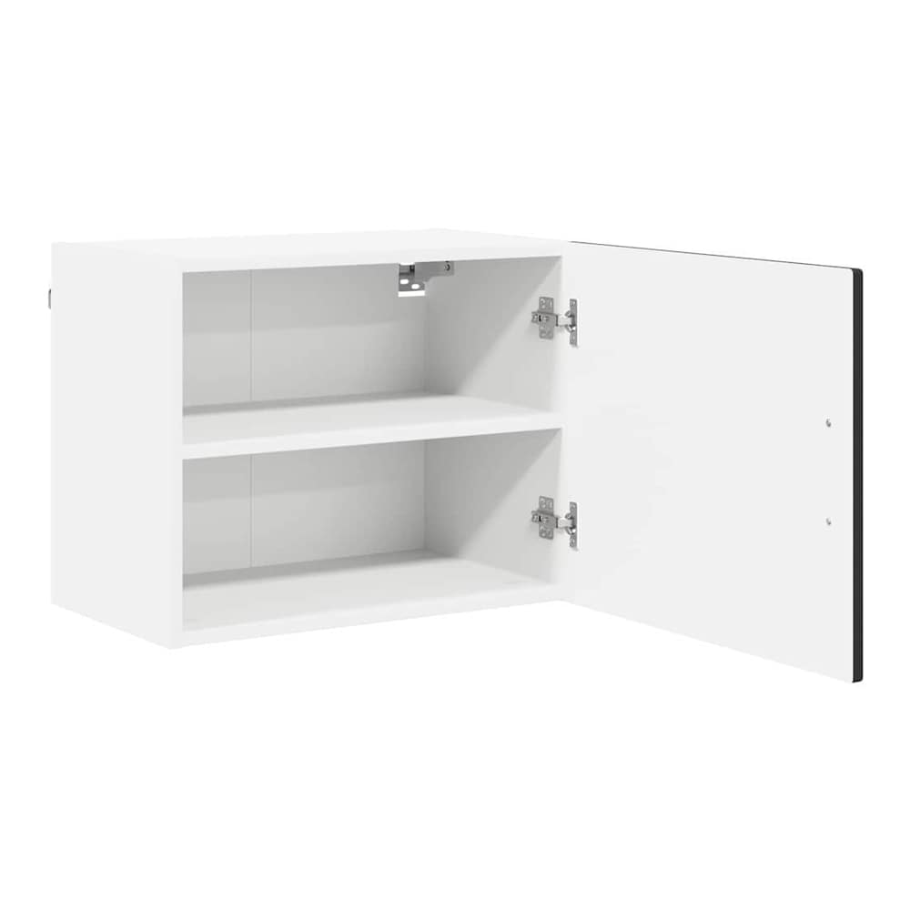 The open white wall cabinet with two shelves