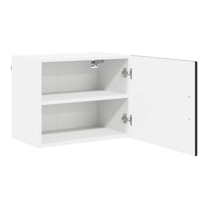 The open white wall cabinet with two shelves