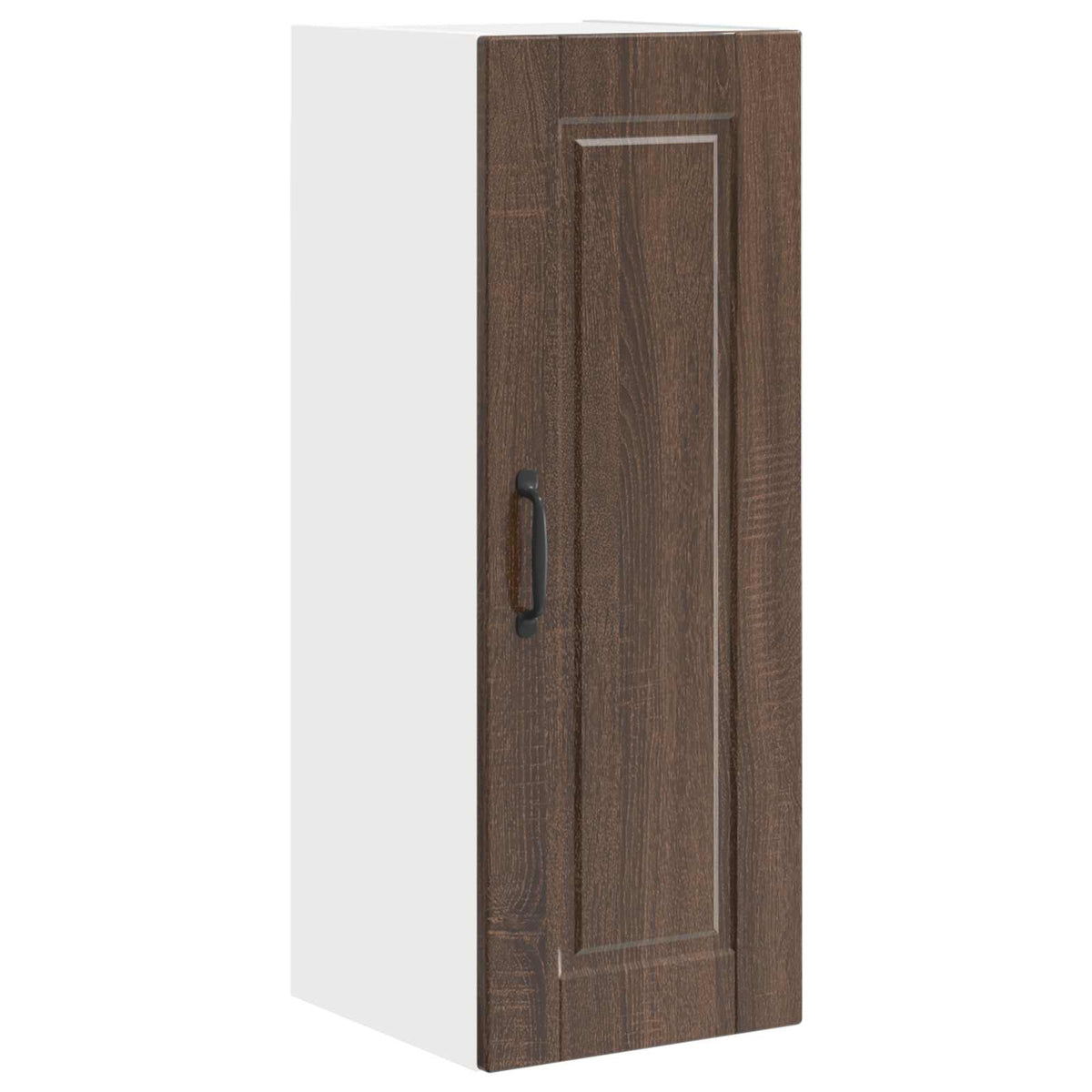A single brown oak effect kitchen cabinet with a white side and a black handle