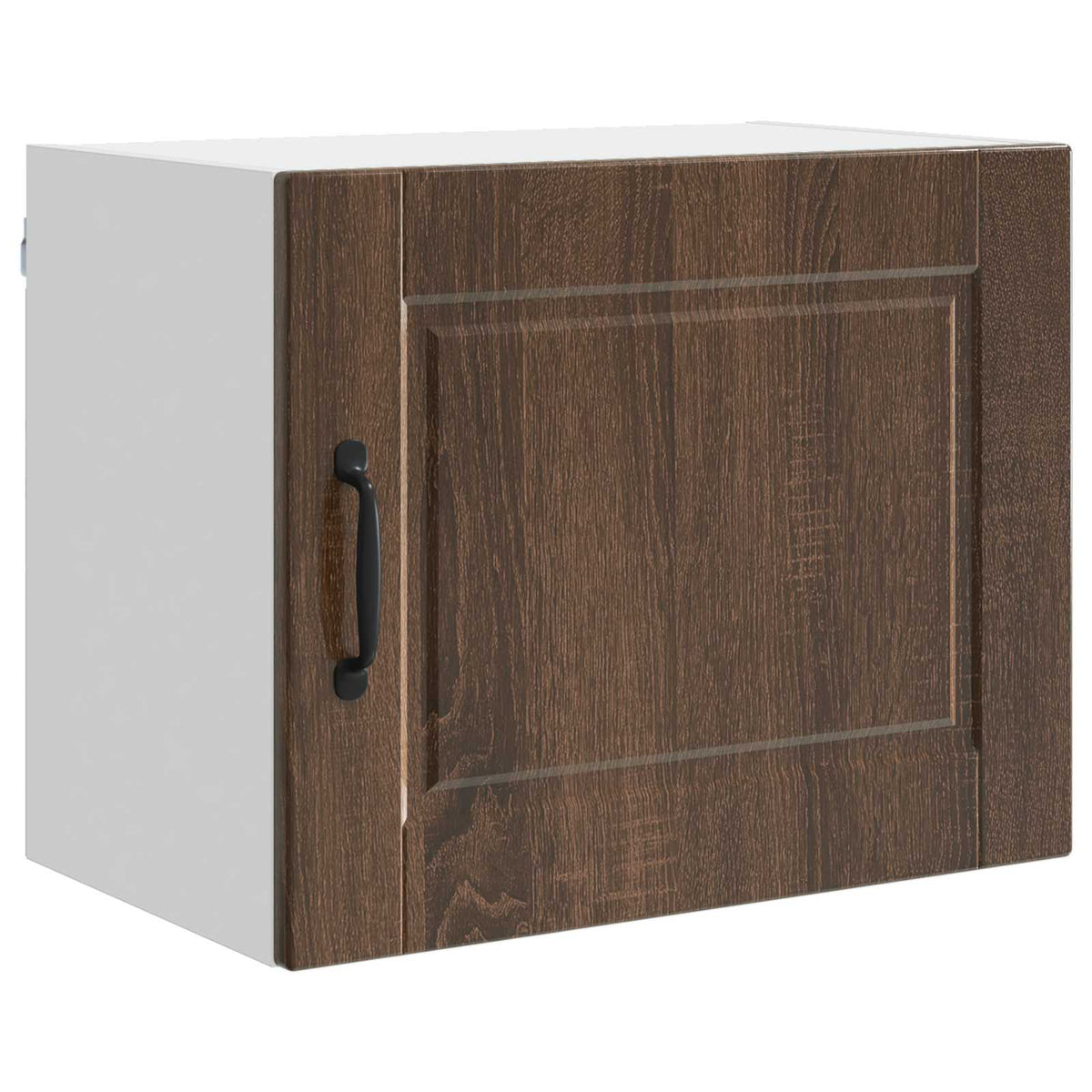 Brown oak effect wall cabinet with a single door and black handle