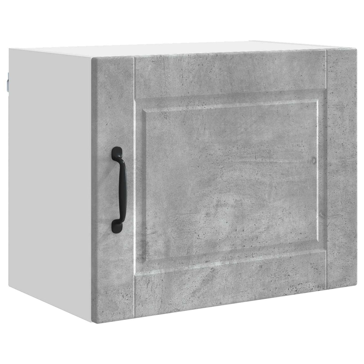 The kitchen cabinet with a concrete grey finish and a black handle