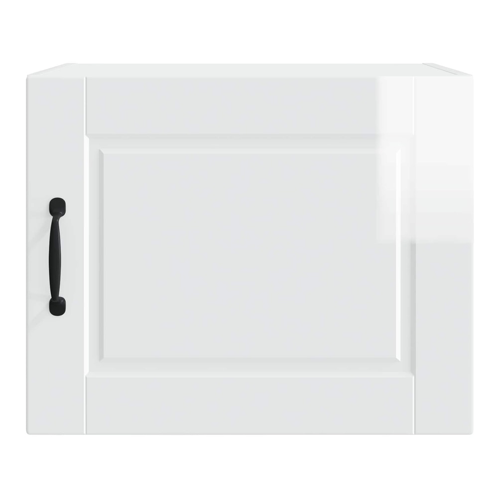 The front of the white wall cabinet with a black handle and a recessed panel