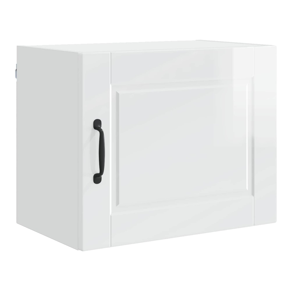 This wall cabinet has a single door with a black handle and a decorative panel