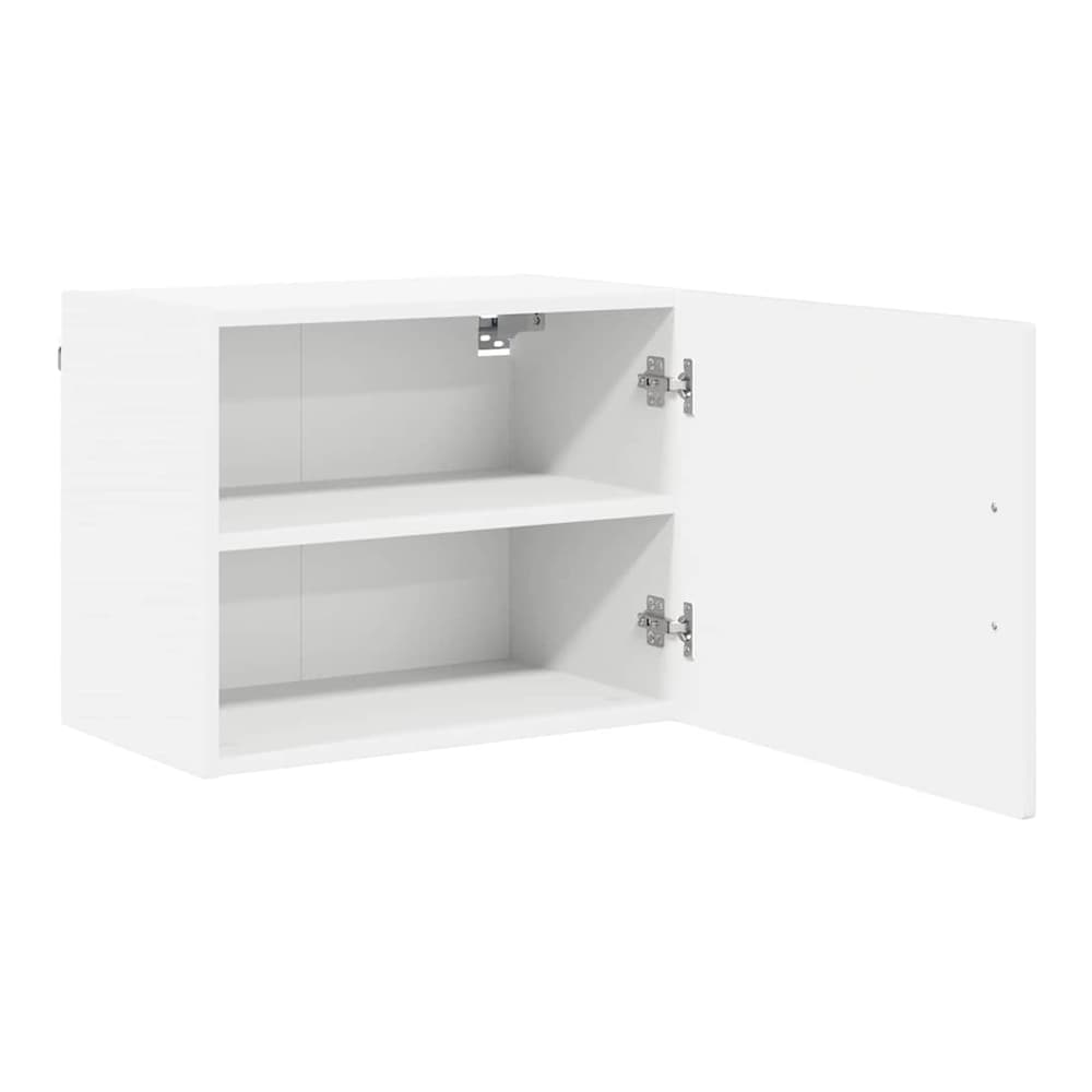 This kitchen cabinet is open showing two shelves and the inside of the door