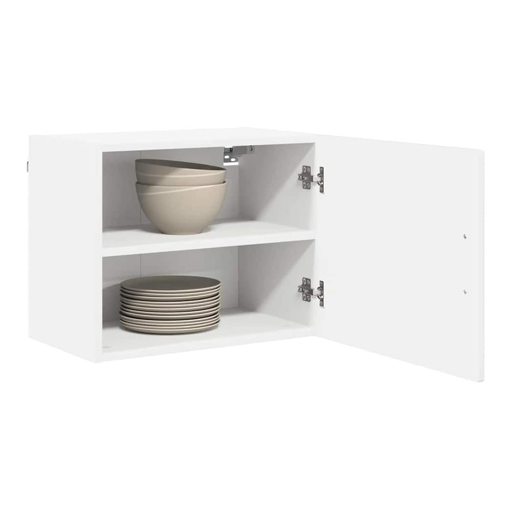 The wall cabinet is open showing two shelves inside with some bowls and plates
