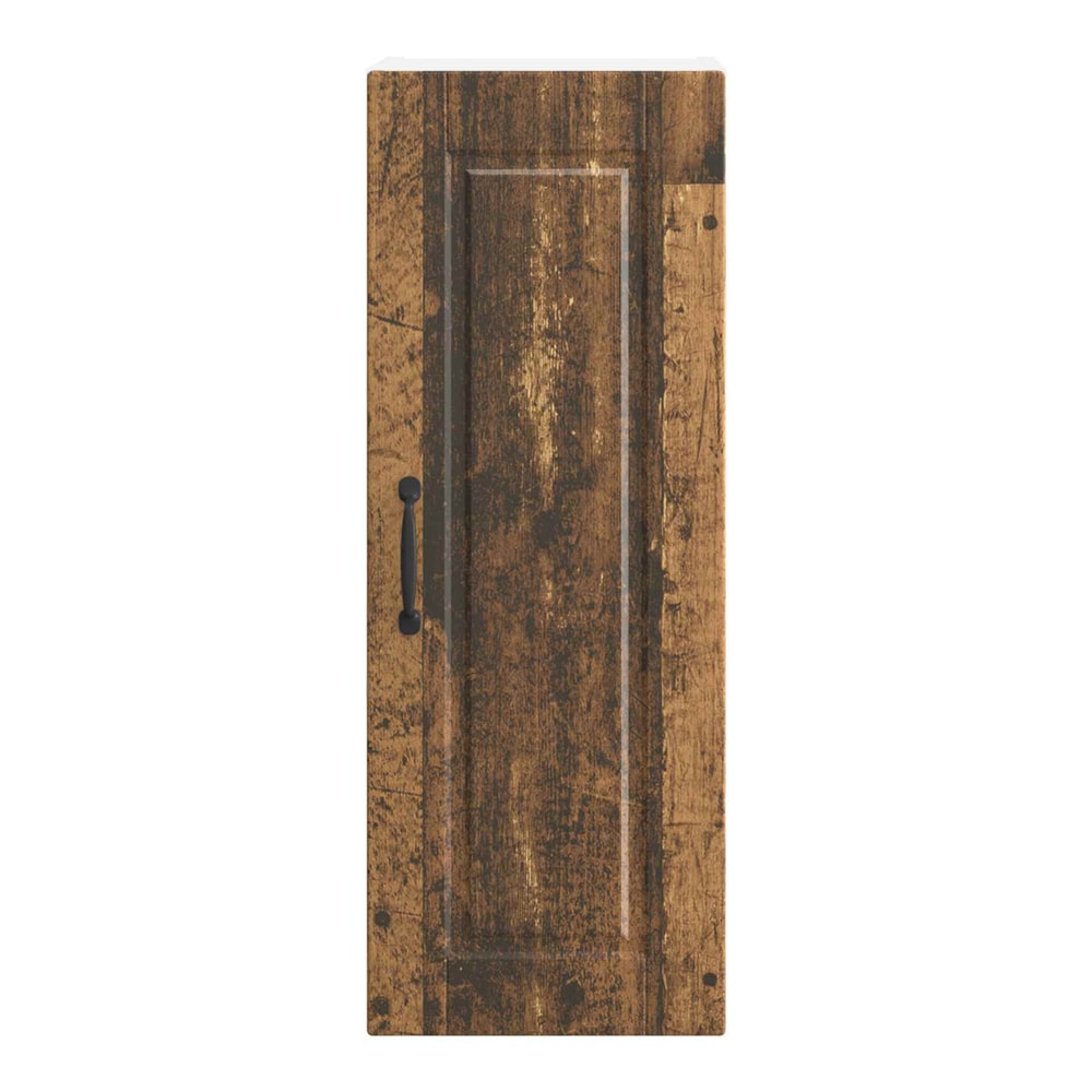 The wall cabinet door with old wood effect and a black handle