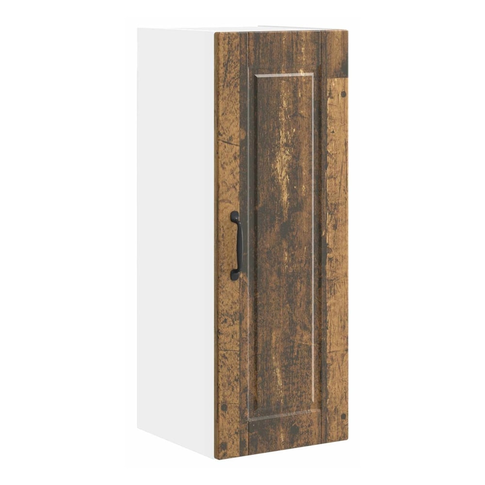 The wall cabinet with a rustic wood effect door and a black handle