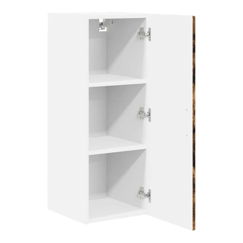 A close-up of the wall cabinet's smoked oak effect door and black handle