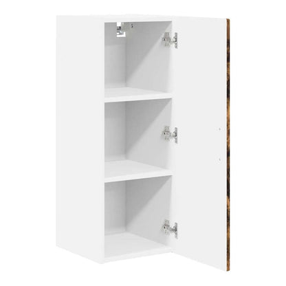 A close-up of the wall cabinet's smoked oak effect door and black handle