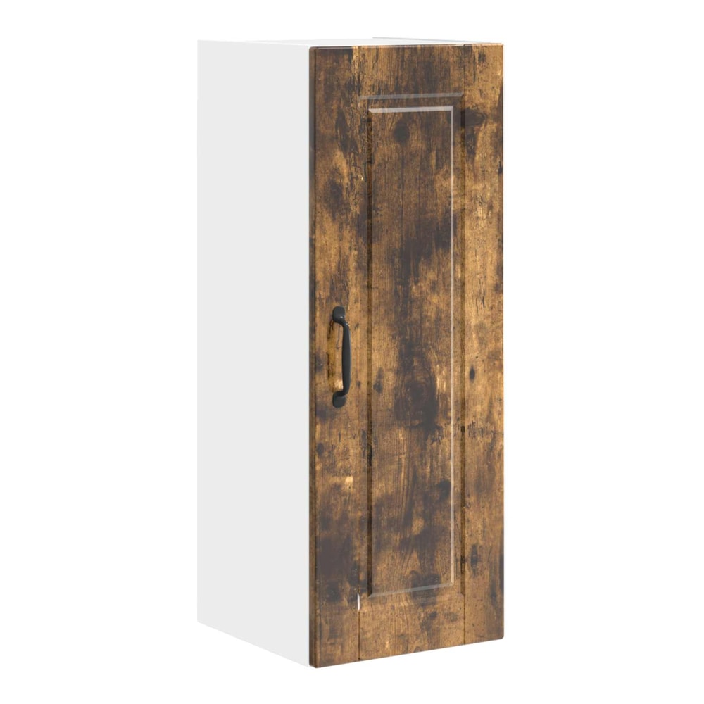 The wall cabinet with a single door and handle, showing its smoked oak effect finish