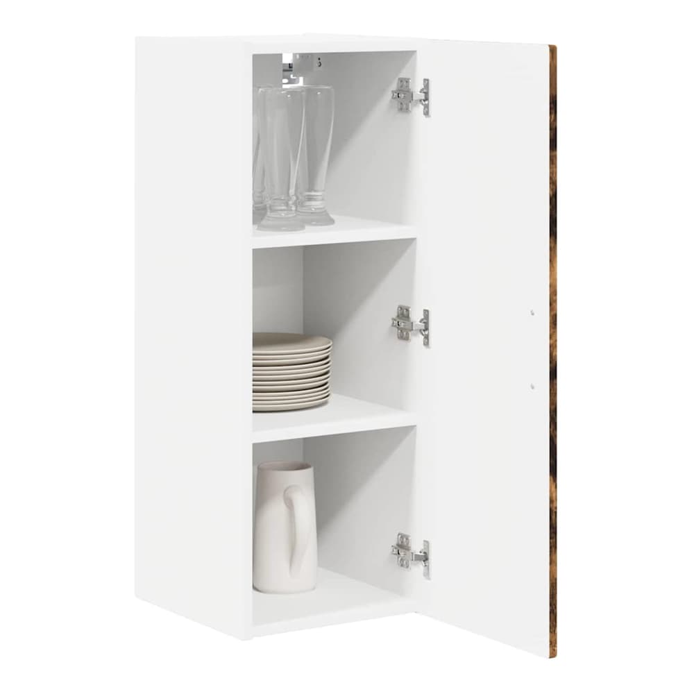 The wall cabinet with doors open, revealing three shelves with glasses and a jug