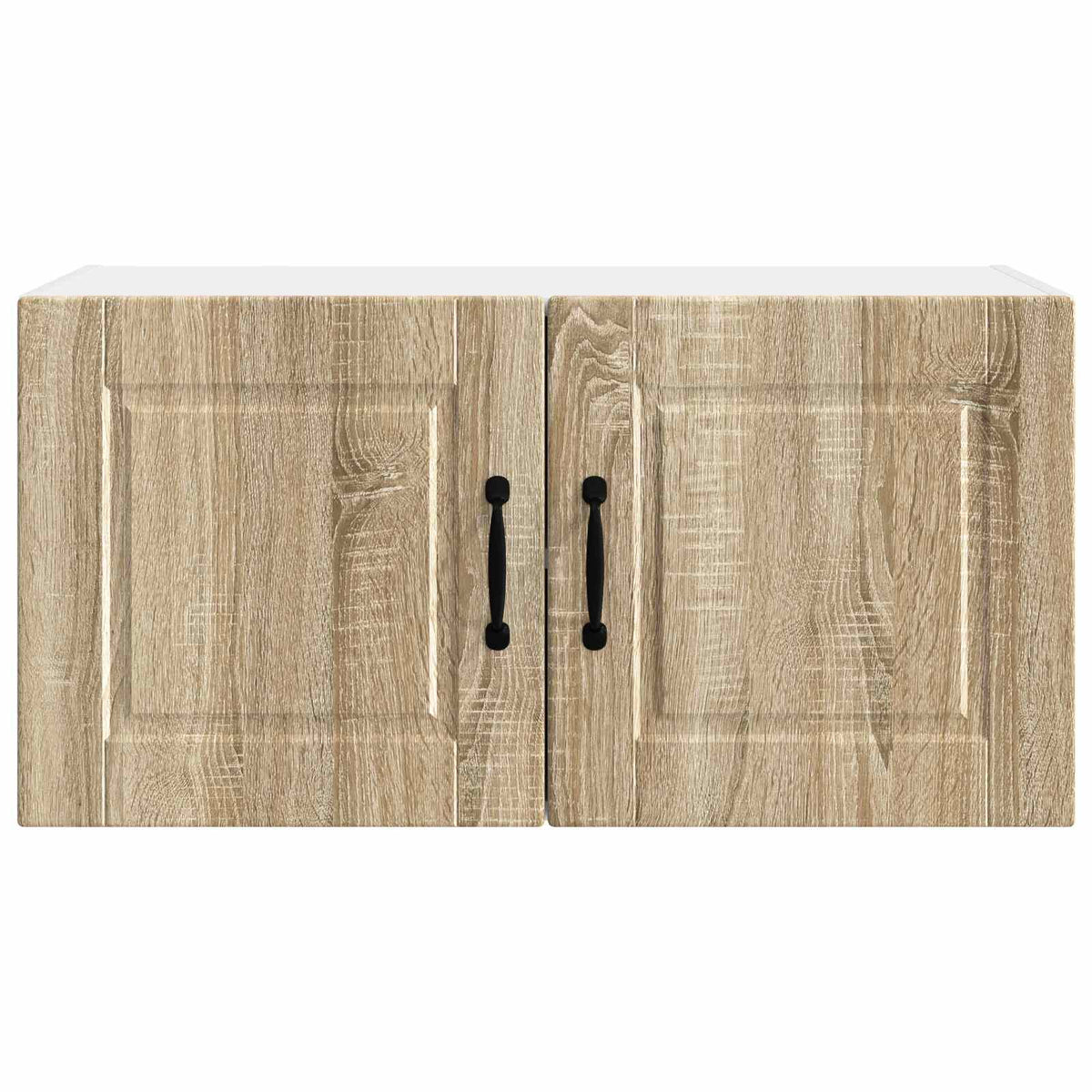 The kitchen cabinet showing the closed wood grain doors and black handles