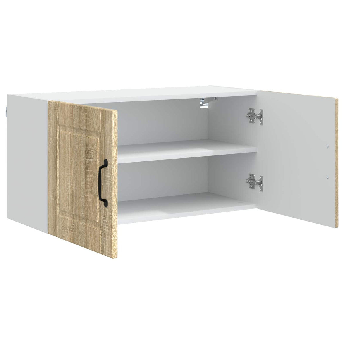 The kitchen cabinet with doors open revealing the empty white interior and shelving