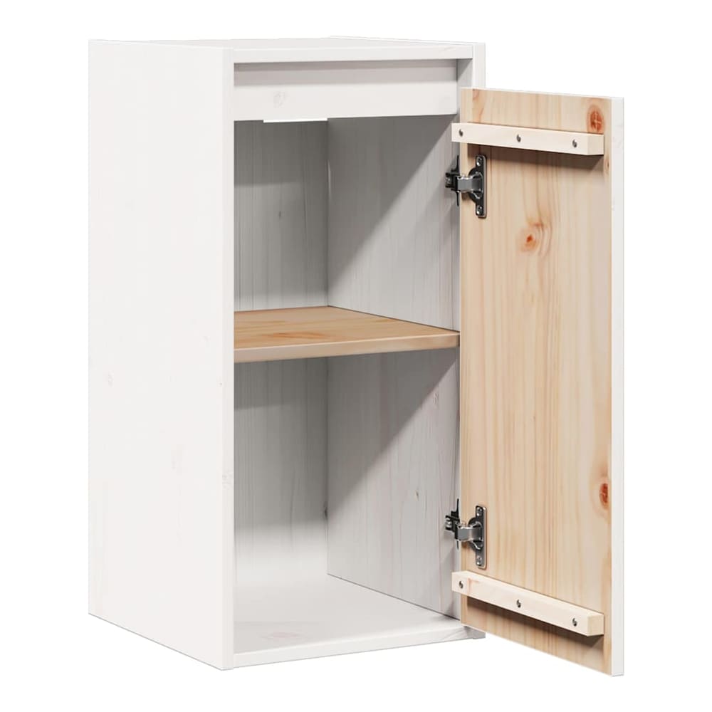 Open white wall cabinet showing a shelf and pine wood door interior