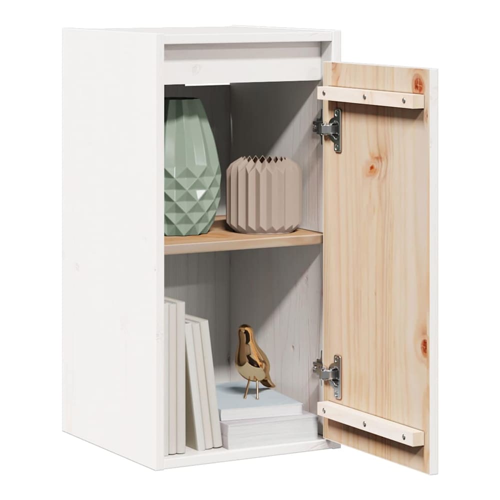 Open wall cabinet showing a shelf and items inside, made of solid wood pine