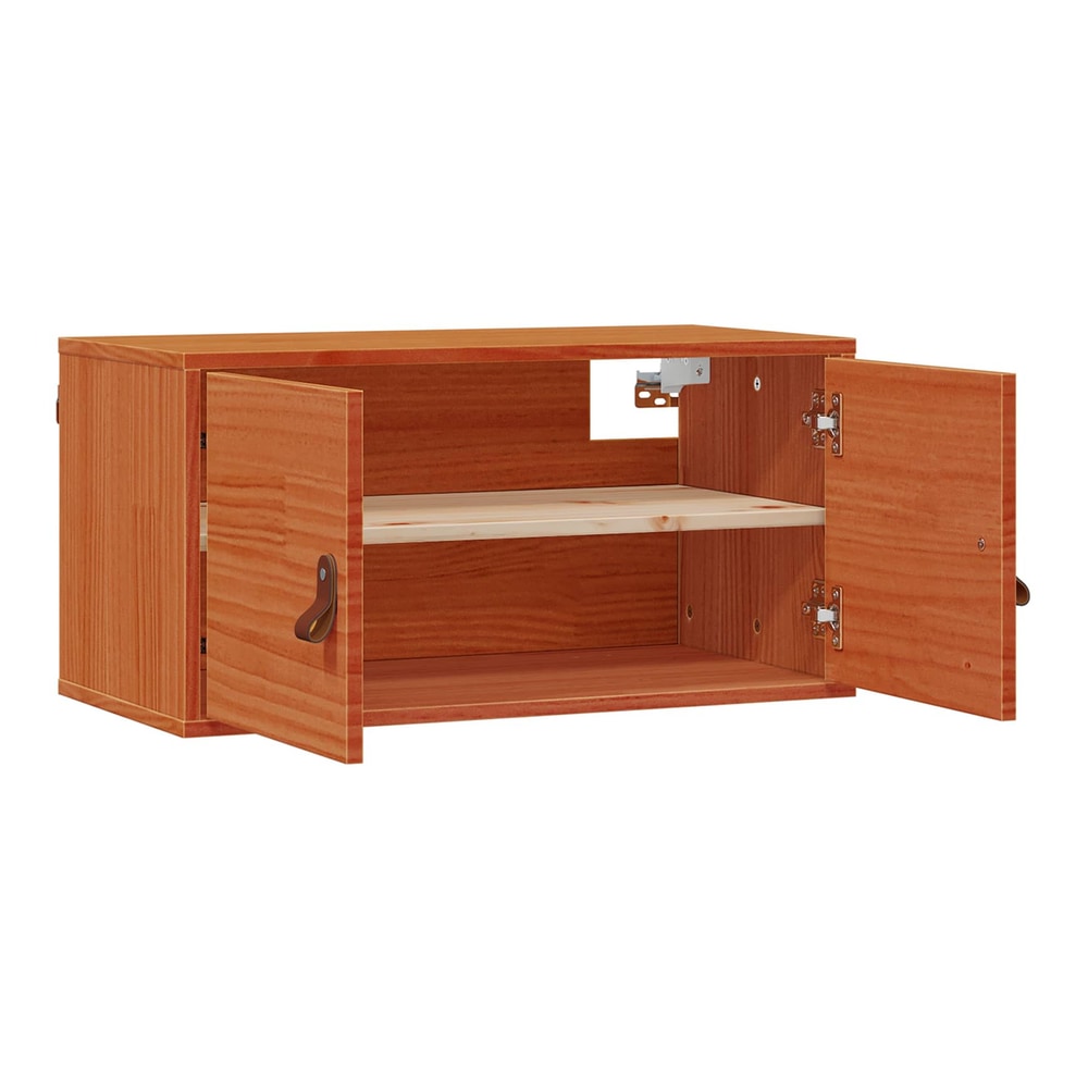The open wall cabinet showing its two shelves and wooden construction