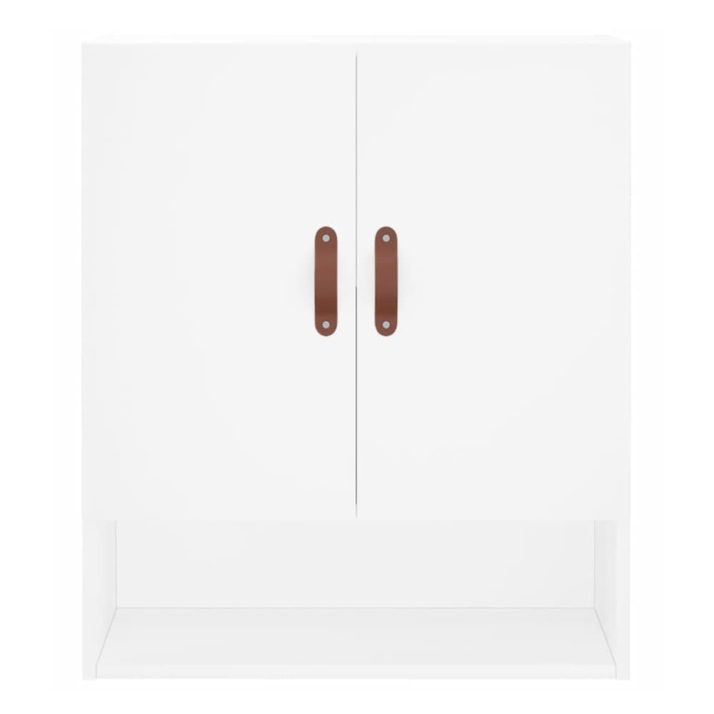 The white wall cabinet has two doors and a shelf underneath