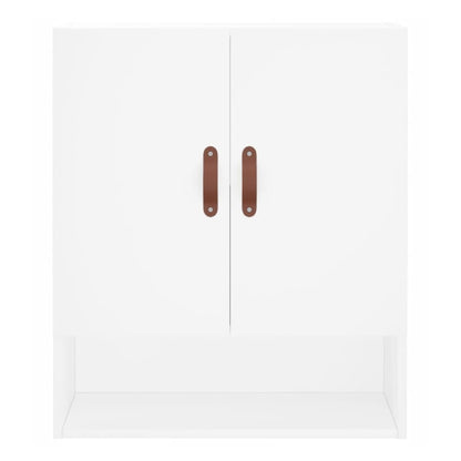 The white wall cabinet has two doors and a shelf underneath