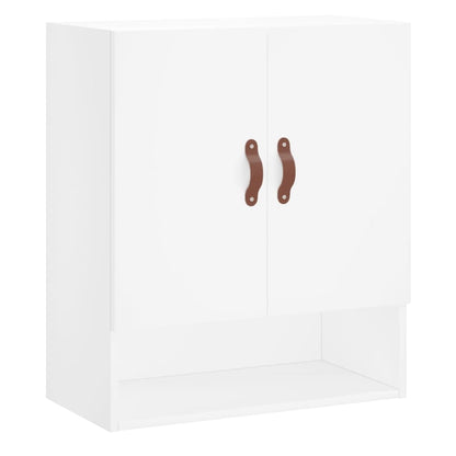 White wall cabinet with two brown leather handles and an open shelf below