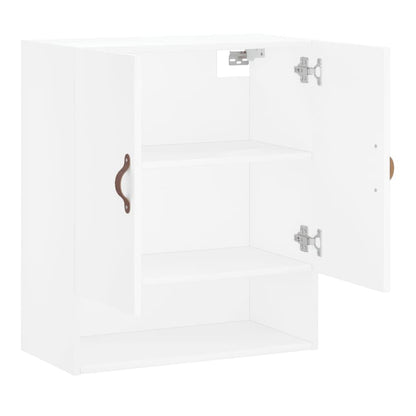 White wall cabinet with one door open, showing two shelves with toiletries and towels