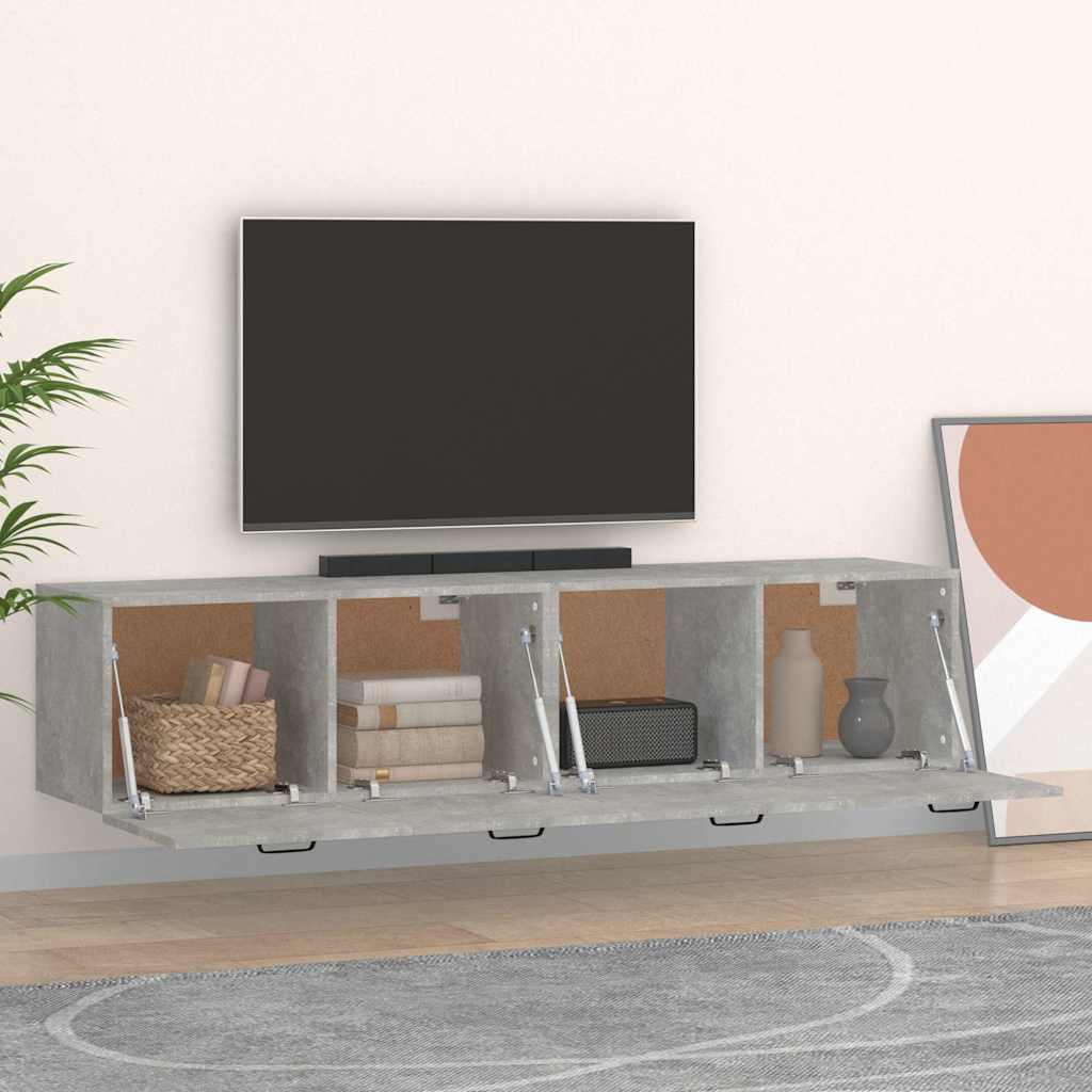 two concrete grey wall cabinets with black handles, doors open, showing storage inside