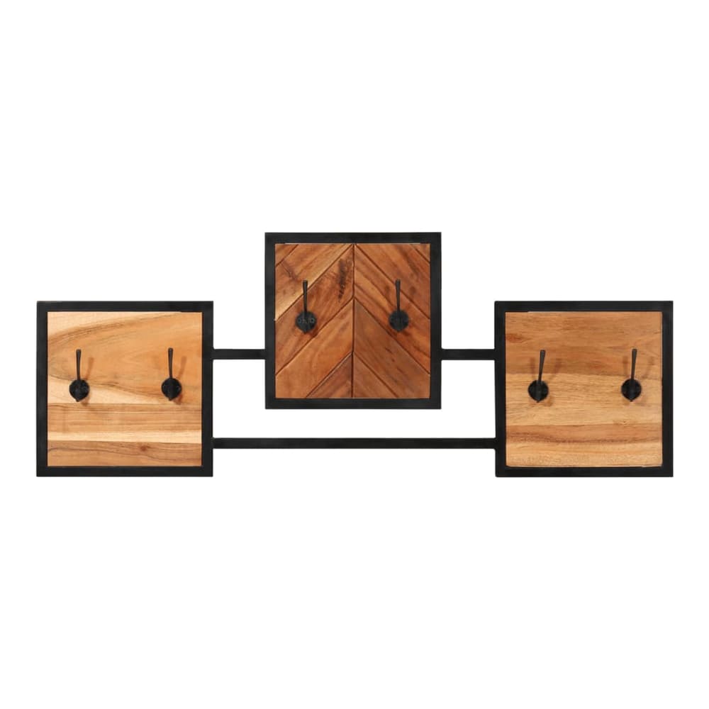 Wall coat rack with three wooden panels and black metal frame