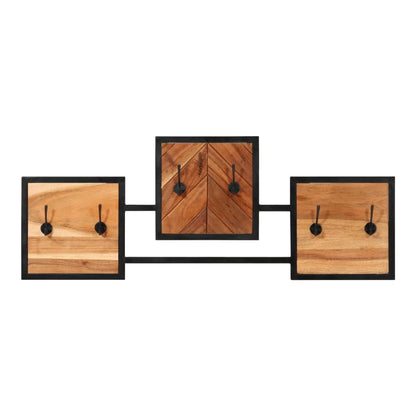 Wall coat rack with three wooden panels and black metal frame