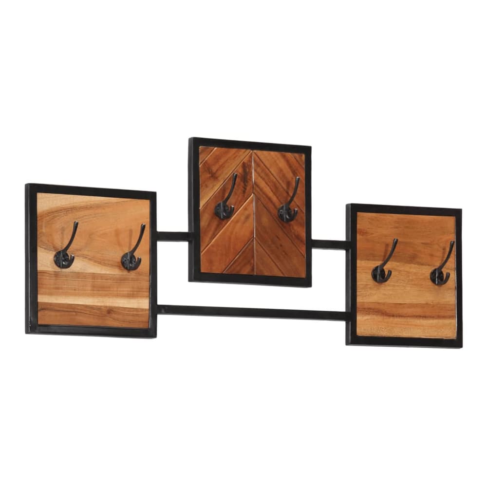 vidaXL Wall Coat Rack Solid Wood Acacia and Iron with three sections and six hooks