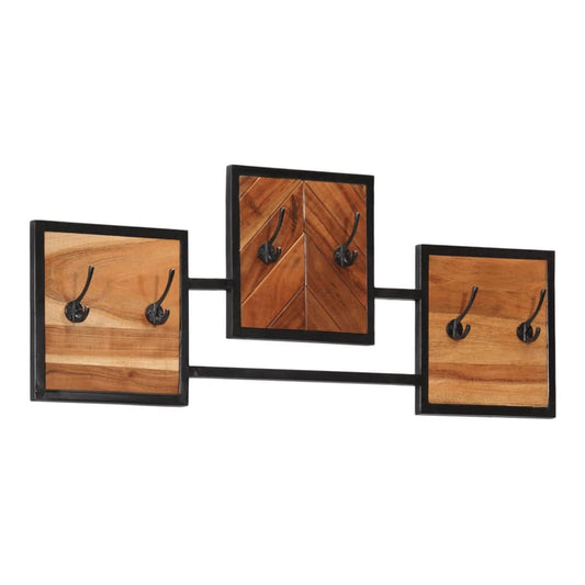 vidaXL Wall Coat Rack Solid Wood Acacia and Iron with three sections and six hooks