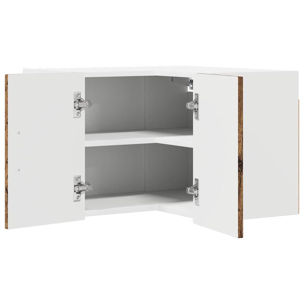 The corner kitchen cabinet is shown with its doors open and empty shelves