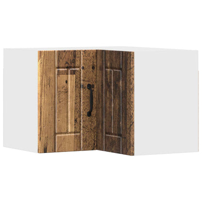 The wall corner cabinet has a rustic wood effect door with black handle