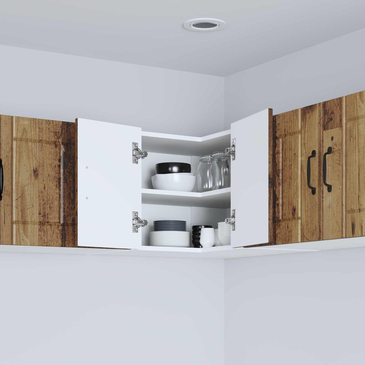 The wall corner cabinet is installed in a kitchen with its doors open