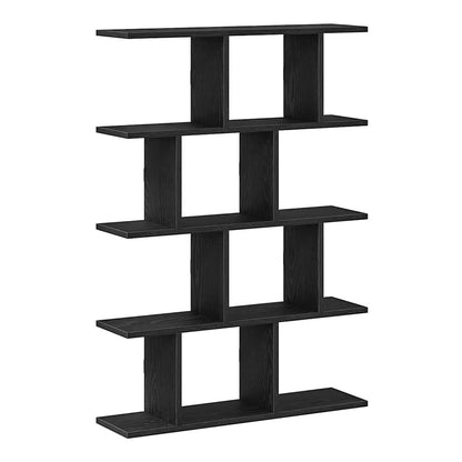 Black engineered wood wall cube shelf with 12 compartments arranged in a zig-zag pattern