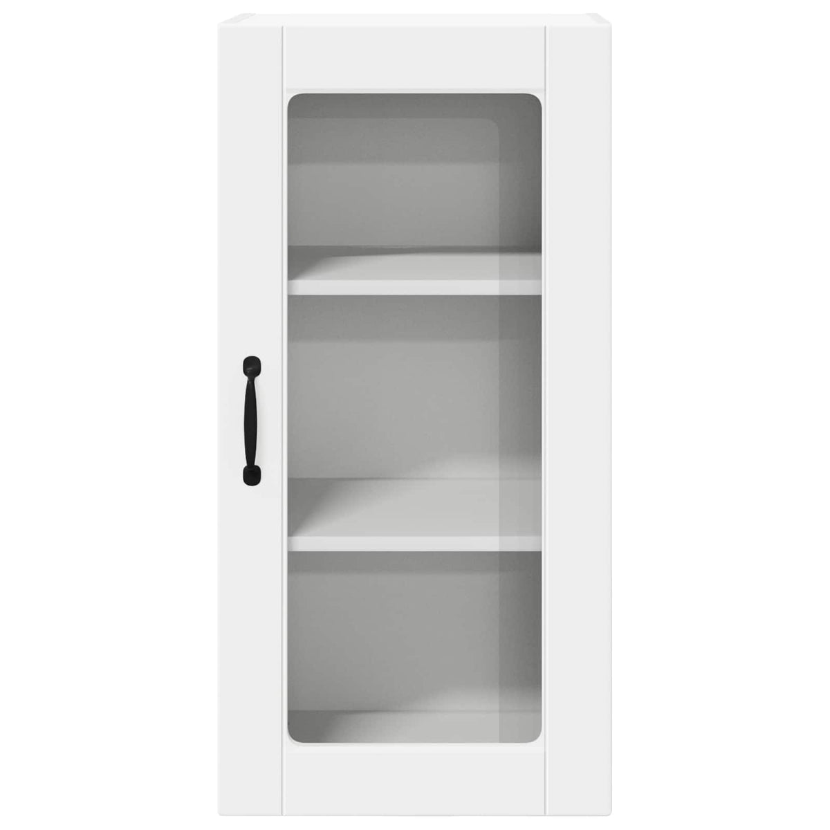 A white wall cabinet with a single glass door and internal shelves