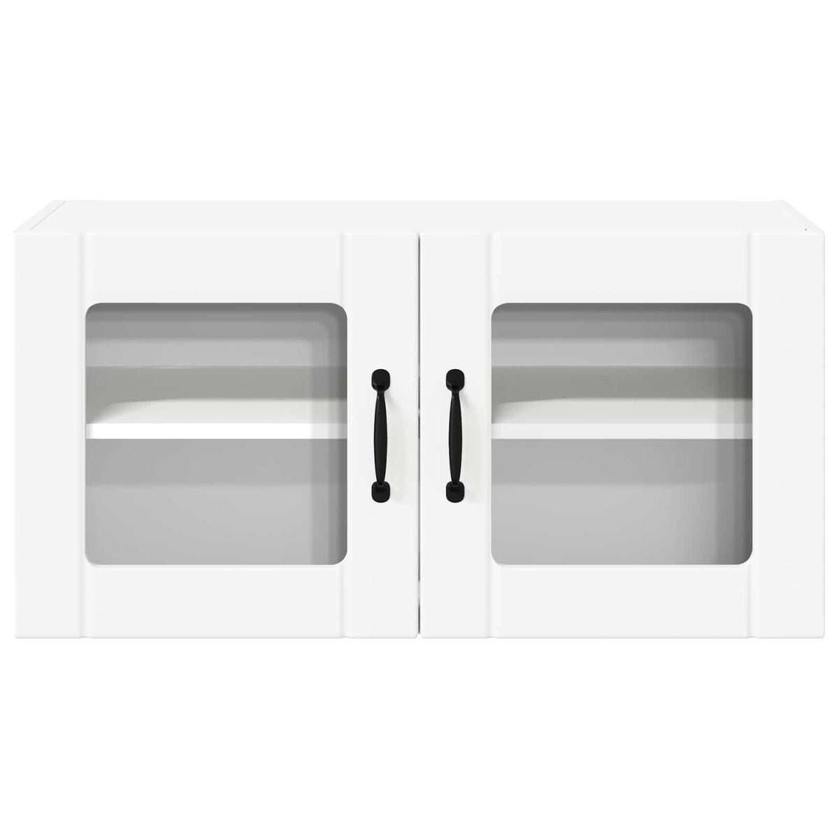 White wall cabinet with two glass doors and black handles