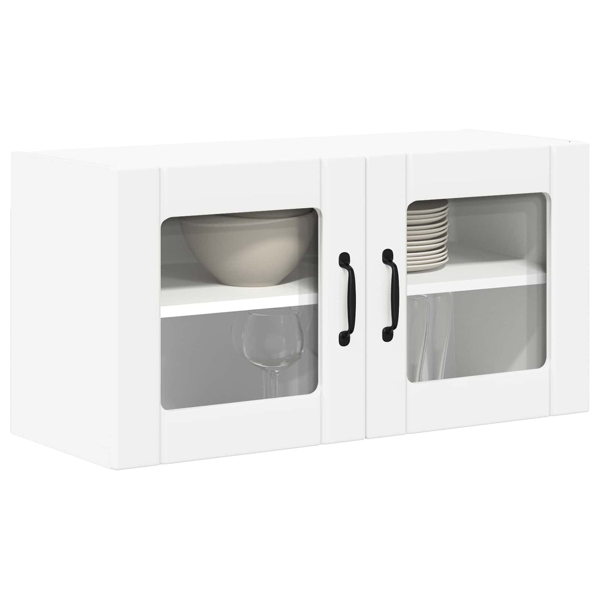 White wall cabinet with glass doors showing bowls and plates inside