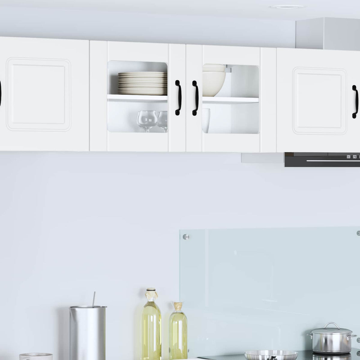vidaXL Wall Glass Cabinet LUCCA White Engineered Wood mounted above a kitchen counter